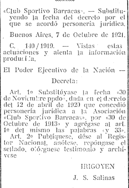 Decreto del Boletín Oficial que rectifica la fecha de fundación de Sportivo Barracas, miércoles 26 de octubre 1921.